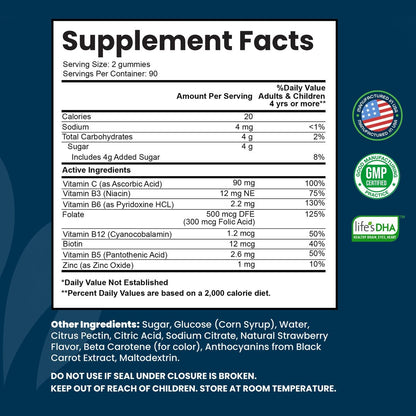 INTEGO NUTRITION Vitamin B Komplex Gummis für Erwachsene – B-Vitamin-Komplex für Energie und Gehirngesundheit, natürlicher Erdbeergeschmack, 180 Stück