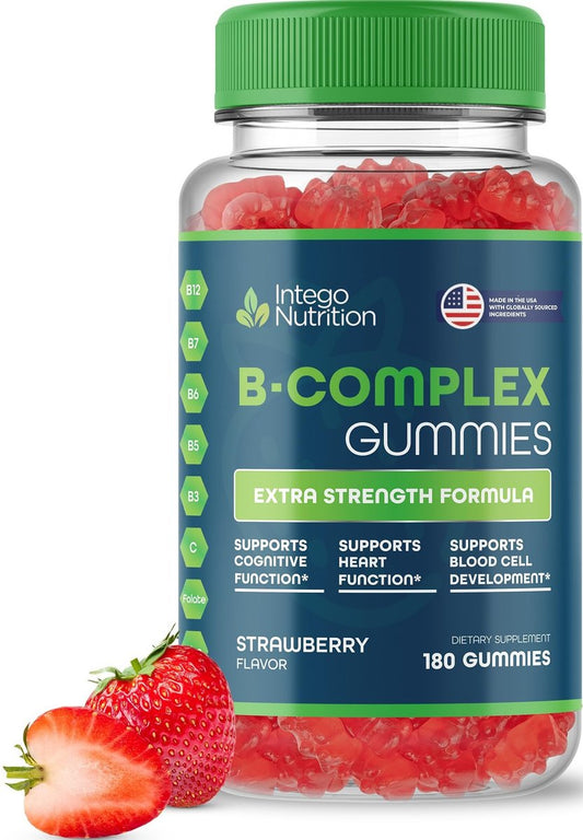 INTEGO NUTRITION Vitamin B Komplex Gummis für Erwachsene – B-Vitamin-Komplex für Energie und Gehirngesundheit, natürlicher Erdbeergeschmack, 180 Stück