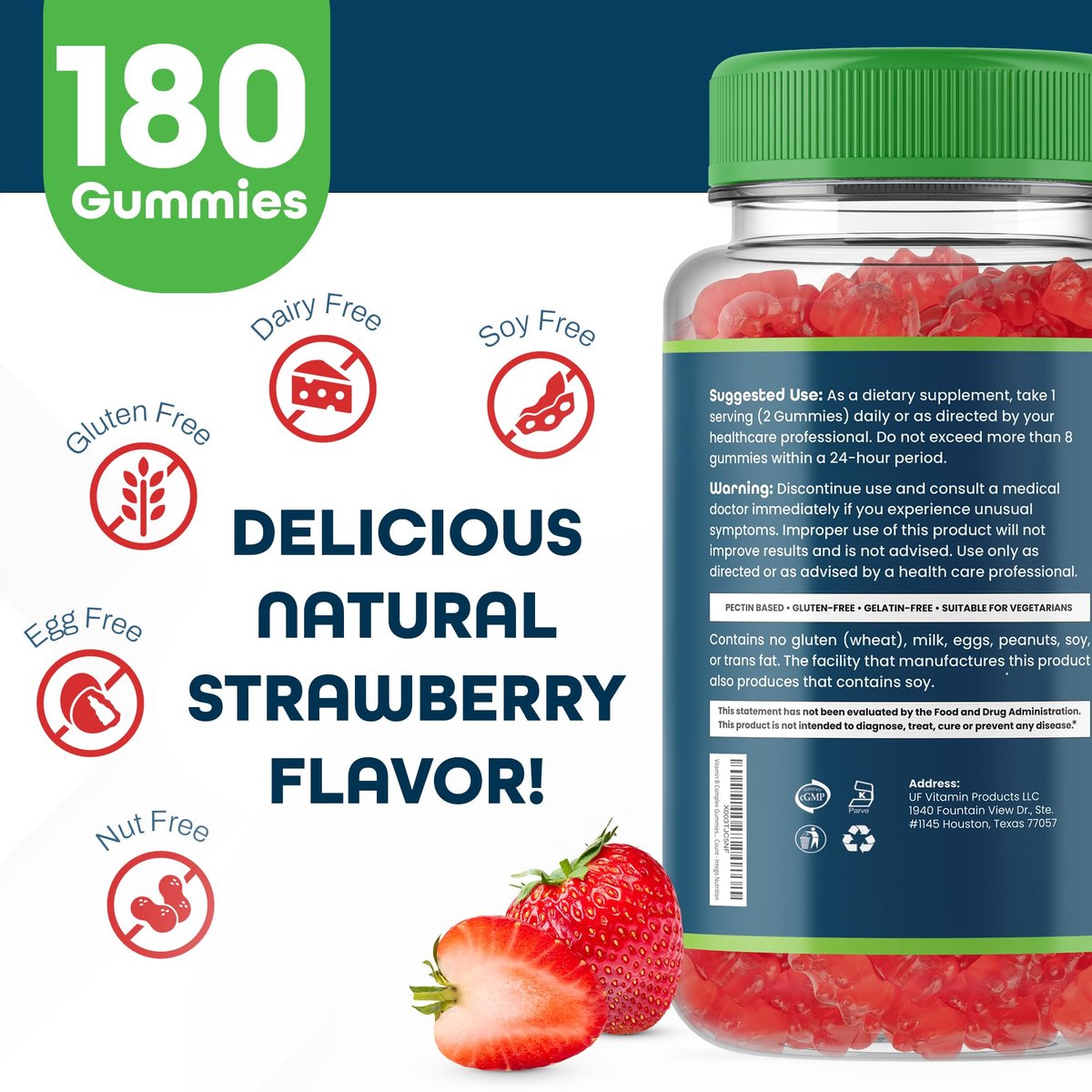 INTEGO NUTRITION Vitamin B Komplex Gummis für Erwachsene – B-Vitamin-Komplex für Energie und Gehirngesundheit, natürlicher Erdbeergeschmack, 180 Stück