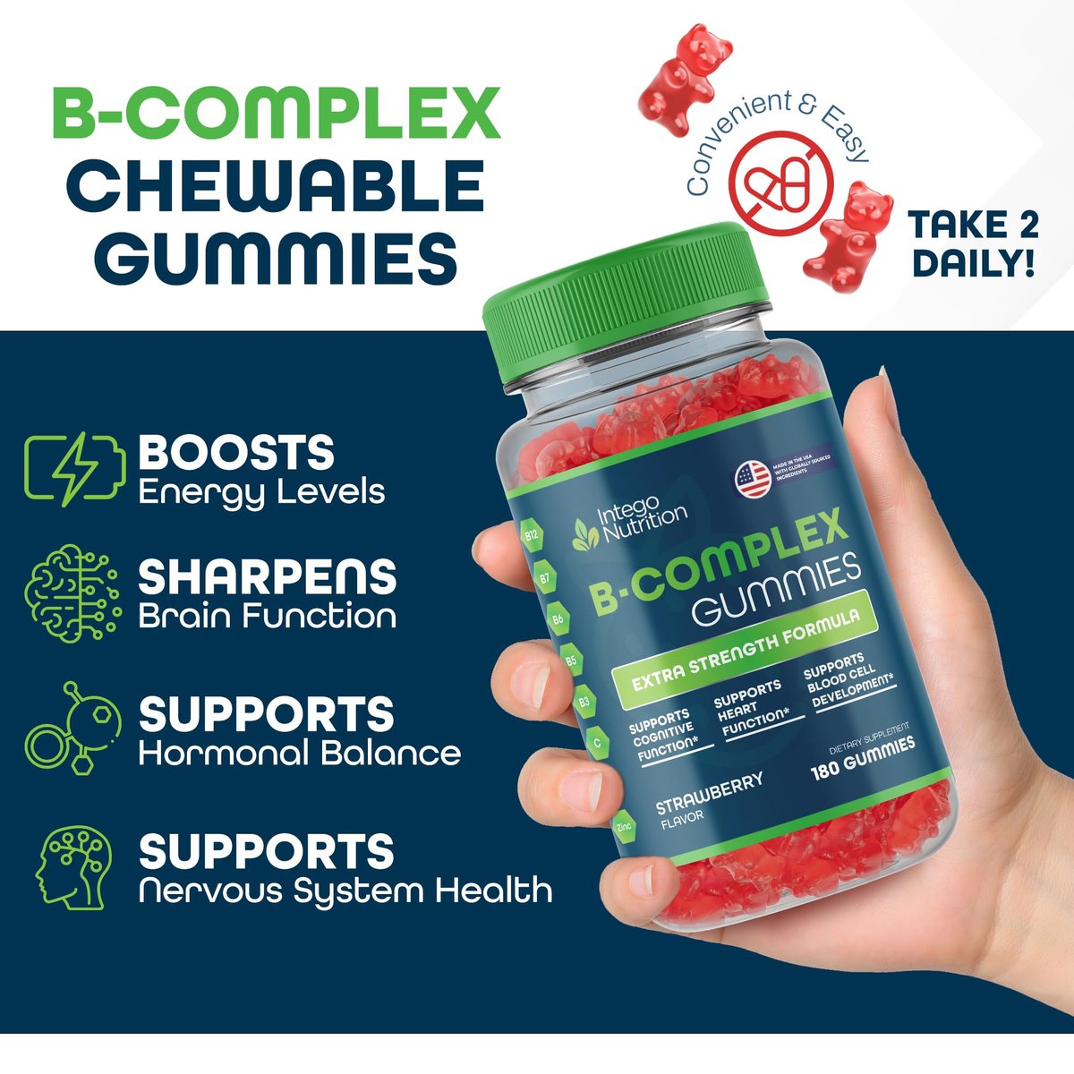 INTEGO NUTRITION Vitamin B Komplex Gummis für Erwachsene – B-Vitamin-Komplex für Energie und Gehirngesundheit, natürlicher Erdbeergeschmack, 180 Stück