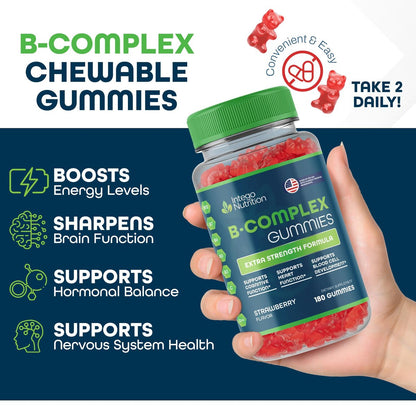 INTEGO NUTRITION Vitamin B Komplex Gummis für Erwachsene – B-Vitamin-Komplex für Energie und Gehirngesundheit, natürlicher Erdbeergeschmack, 180 Stück