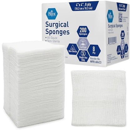 MED PRIDE Chirurgische Tupfer 200er-Pack 4'' x 4'', 8-lagig – Mullkompressen unsteril, Erste-Hilfe-Wundversorgung, nicht haftend, saugfähig