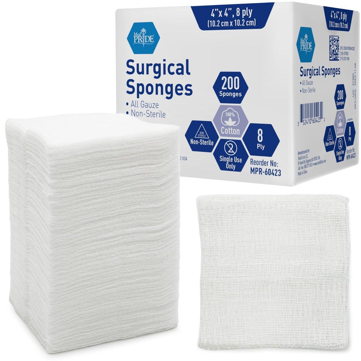 MED PRIDE Chirurgische Tupfer 200er-Pack 4'' x 4'', 8-lagig – Mullkompressen unsteril, Erste-Hilfe-Wundversorgung, nicht haftend, saugfähig