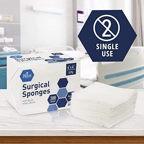 MED PRIDE Chirurgische Tupfer 200er-Pack 4'' x 4'', 8-lagig – Mullkompressen unsteril, Erste-Hilfe-Wundversorgung, nicht haftend, saugfähig