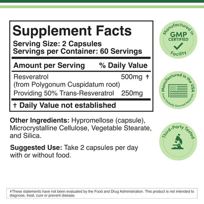 Resveratrol Supplement 500mg Pro Portion, 120 Kapseln (Resveratrol Polygonum-Wurzelextrakt mit 50% Trans-Resveratrol) Unterstützung für gesundes Altern von Double Wood