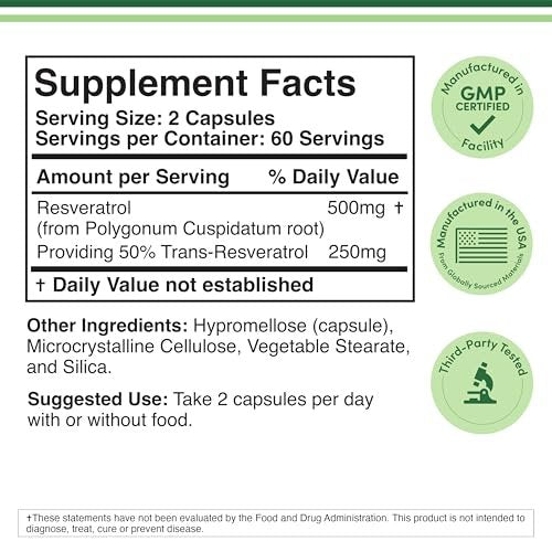Resveratrol Supplement 500mg Pro Portion, 120 Kapseln (Resveratrol Polygonum-Wurzelextrakt mit 50% Trans-Resveratrol) Unterstützung für gesundes Altern von Double Wood