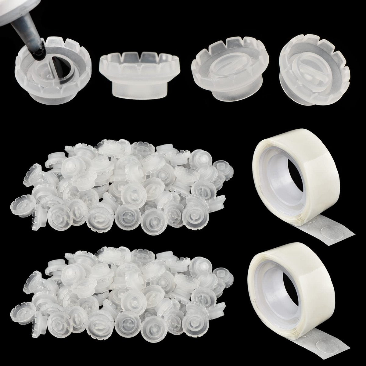 Wimpernkleber Ringbecher [200 Stück] mit 2 Fächern für Wimpernverlängerungen, Blütenringbecher mit 2 Rollen Klebepunkten, Volume Fan Wimpernverlängerungszubehör, Wimpernkleber-Set