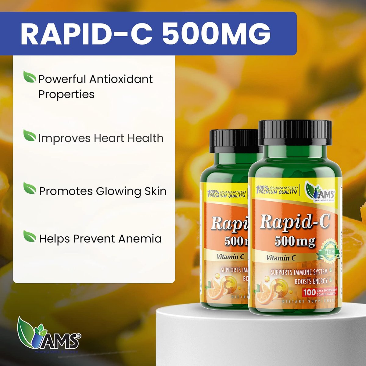 America Medic & Science Rapid-C 500mg Vitamin C Supplement (2er Pack mit 100 Tabletten) – Energie-Booster, tägliche Immununterstützung, Antioxidans | Vegan, Nicht-GMO, beschichtete Ascorbinsäure für Erwachsene Männer & Frauen