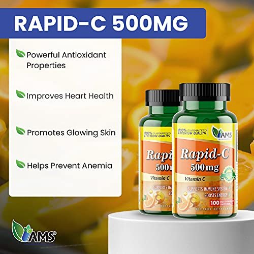 America Medic & Science Rapid-C 500mg Vitamin C Supplement (2er Pack mit 100 Tabletten) – Energie-Booster, tägliche Immununterstützung, Antioxidans | Vegan, Nicht-GMO, beschichtete Ascorbinsäure für Erwachsene Männer & Frauen