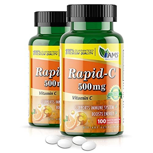America Medic & Science Rapid-C 500mg Vitamin C Supplement (2er Pack mit 100 Tabletten) – Energie-Booster, tägliche Immununterstützung, Antioxidans | Vegan, Nicht-GMO, beschichtete Ascorbinsäure für Erwachsene Männer & Frauen