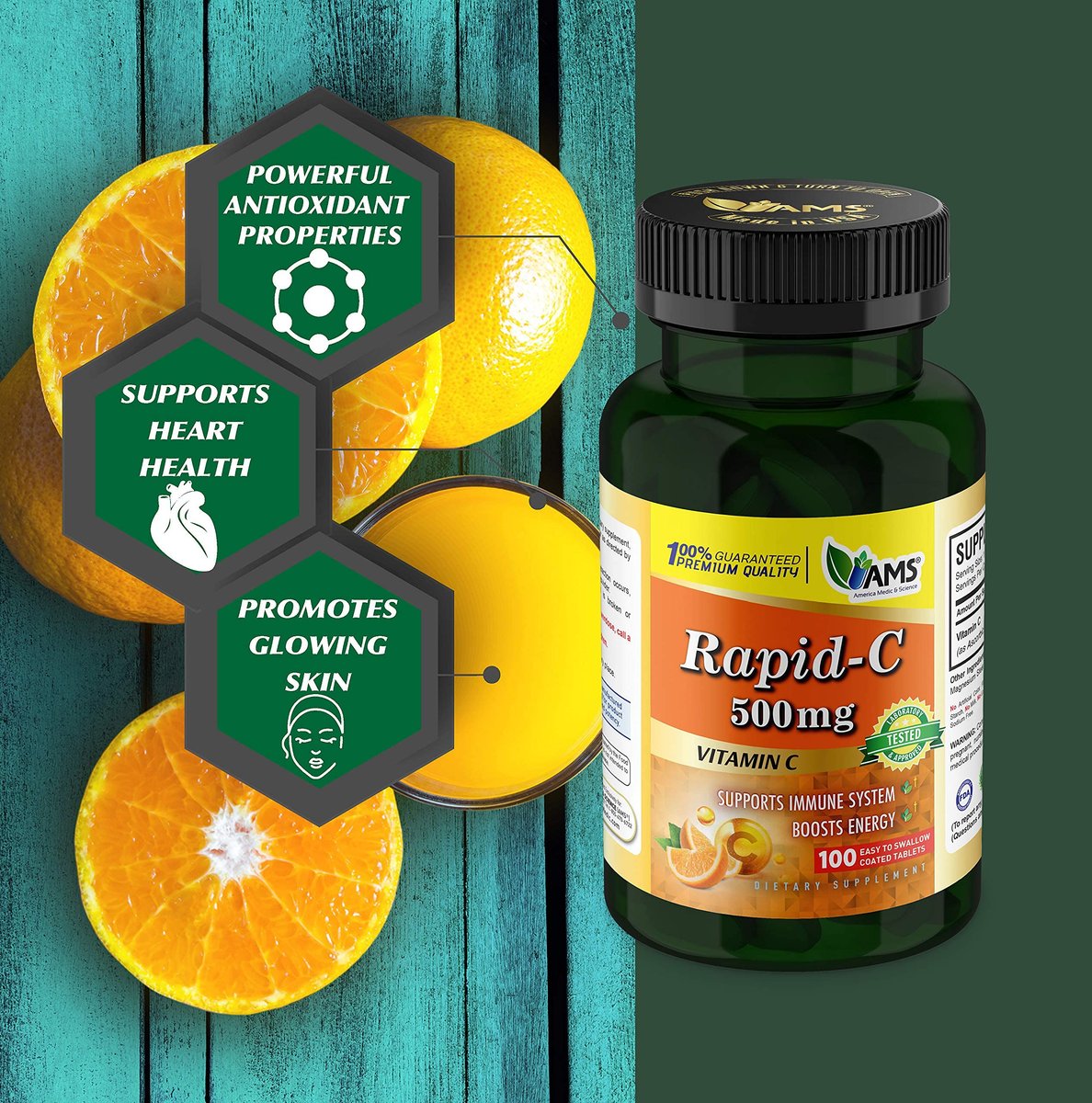 America Medic & Science Rapid-C 500mg Vitamin C Supplement (2er Pack mit 100 Tabletten) – Energie-Booster, tägliche Immununterstützung, Antioxidans | Vegan, Nicht-GMO, beschichtete Ascorbinsäure für Erwachsene Männer & Frauen