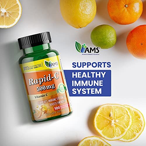 America Medic & Science Rapid-C 500mg Vitamin C Supplement (2er Pack mit 100 Tabletten) – Energie-Booster, tägliche Immununterstützung, Antioxidans | Vegan, Nicht-GMO, beschichtete Ascorbinsäure für Erwachsene Männer & Frauen