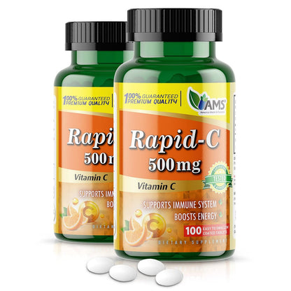 America Medic & Science Rapid-C 500mg Vitamin C Supplement (2er Pack mit 100 Tabletten) – Energie-Booster, tägliche Immununterstützung, Antioxidans | Vegan, Nicht-GMO, beschichtete Ascorbinsäure für Erwachsene Männer & Frauen