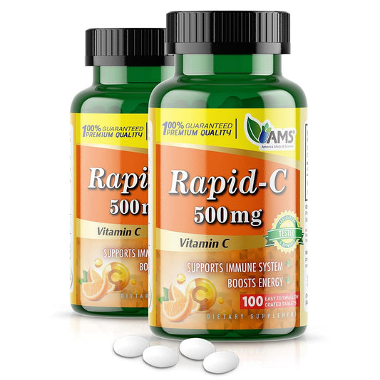 America Medic & Science Rapid-C 500mg Vitamin C Supplement (2er Pack mit 100 Tabletten) – Energie-Booster, tägliche Immununterstützung, Antioxidans | Vegan, Nicht-GMO, beschichtete Ascorbinsäure für Erwachsene Männer & Frauen