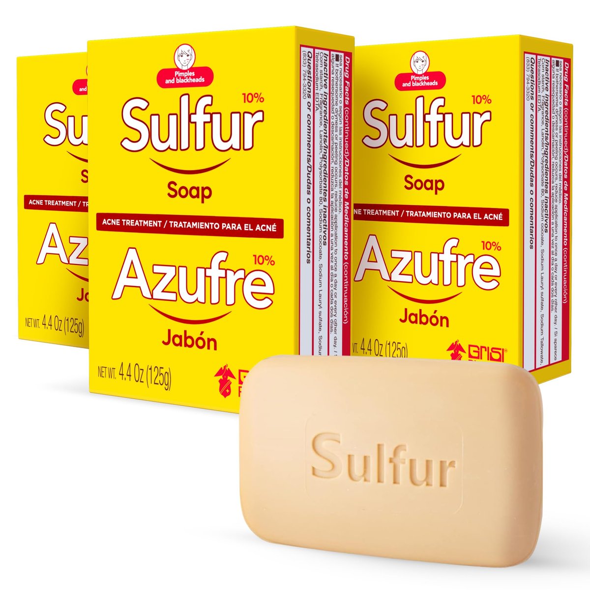 Biosulfur Grisi Akne-Behandlungsseife: Tiefenreinigung, Anti-Akne, Reduziert Entzündungen, Verhindert Ausbrüche, Mitesser, Überschüssiges Öl, Schwefelseife, 4,4 oz, 3er-Pack