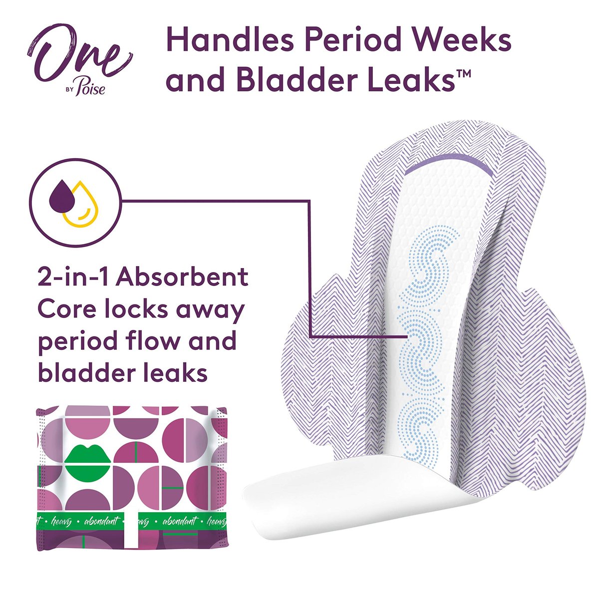One by Poise Damenbinden mit Flügeln – 2-in-1 Binde für Periode & Blasenschwäche, Regulär, Starke Saugfähigkeit für Periodenfluss, Leichte Saugfähigkeit für Blasenlecks, 18 Stück