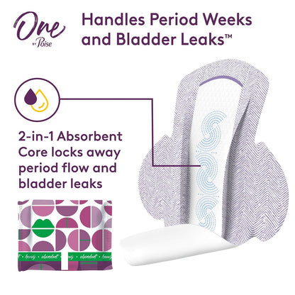 One by Poise Damenbinden mit Flügeln – 2-in-1 Binde für Periode & Blasenschwäche, Regulär, Starke Saugfähigkeit für Periodenfluss, Leichte Saugfähigkeit für Blasenlecks, 18 Stück
