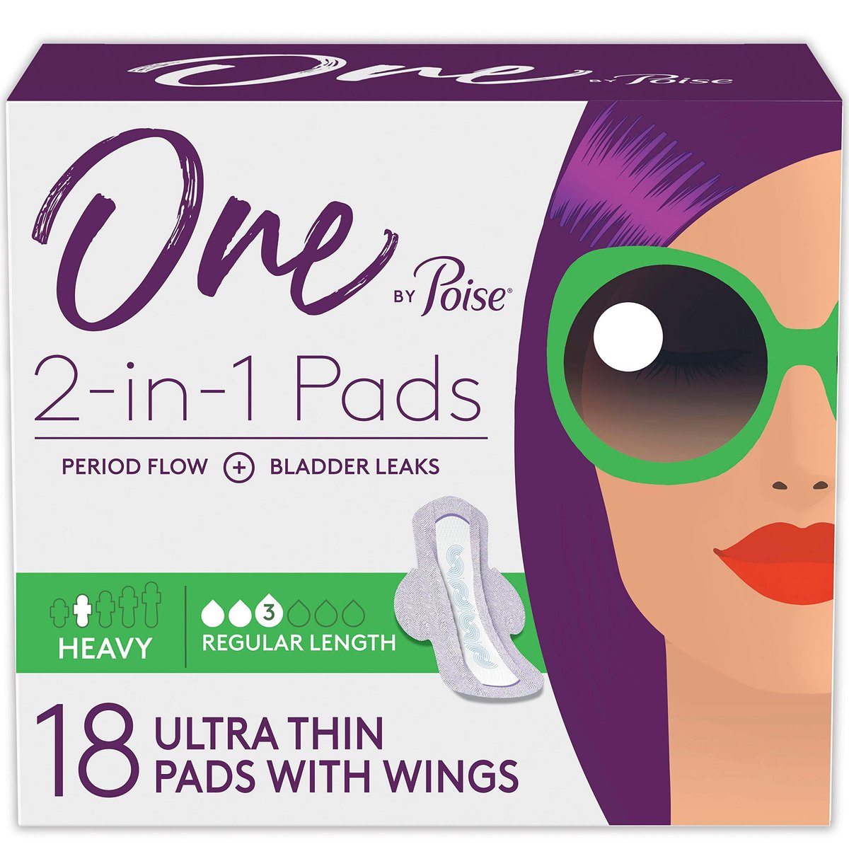 One by Poise Damenbinden mit Flügeln – 2-in-1 Binde für Periode & Blasenschwäche, Regulär, Starke Saugfähigkeit für Periodenfluss, Leichte Saugfähigkeit für Blasenlecks, 18 Stück