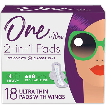 One by Poise Damenbinden mit Flügeln – 2-in-1 Binde für Periode & Blasenschwäche, Regulär, Starke Saugfähigkeit für Periodenfluss, Leichte Saugfähigkeit für Blasenlecks, 18 Stück
