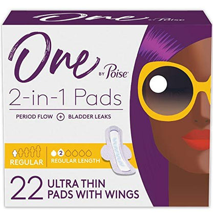 One by Poise Damenbinden mit Flügeln (2-in-1 Perioden- & Blasenschutz-Pads für Frauen), Normal, Saugstärke Normal für Periodenfluss, Sehr Leicht für Blasenschwäche, 22 Stück