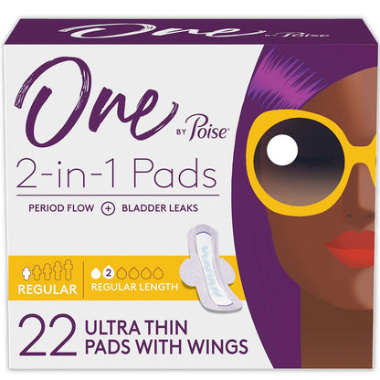 One by Poise Damenbinden mit Flügeln (2-in-1 Perioden- & Blasenschutz-Pads für Frauen), Normal, Saugstärke Normal für Periodenfluss, Sehr Leicht für Blasenschwäche, 22 Stück