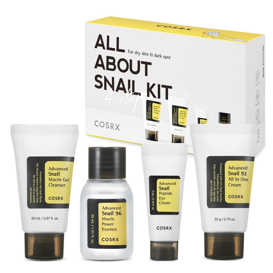 COSRX All About Snail Mucin Korean Skin Care Set – Mini Travel Essentials, Reisegröße Geschenkset mit Schneckenschleim-Gesichtsreiniger, Serum, Feuchtigkeitscreme & Augencreme