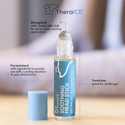 TheraICE Beruhigender Kopf-Stick 10 ml (0,33 oz) – Ätherisches Öl Roll-on zur Aromatherapie für schnelle kühlende Entspannung: Pfefferminze, Grüne Minze, Lavendel, Kamille, Rosmarin, Eukalyptus. Metallroller. Hergestellt in den USA