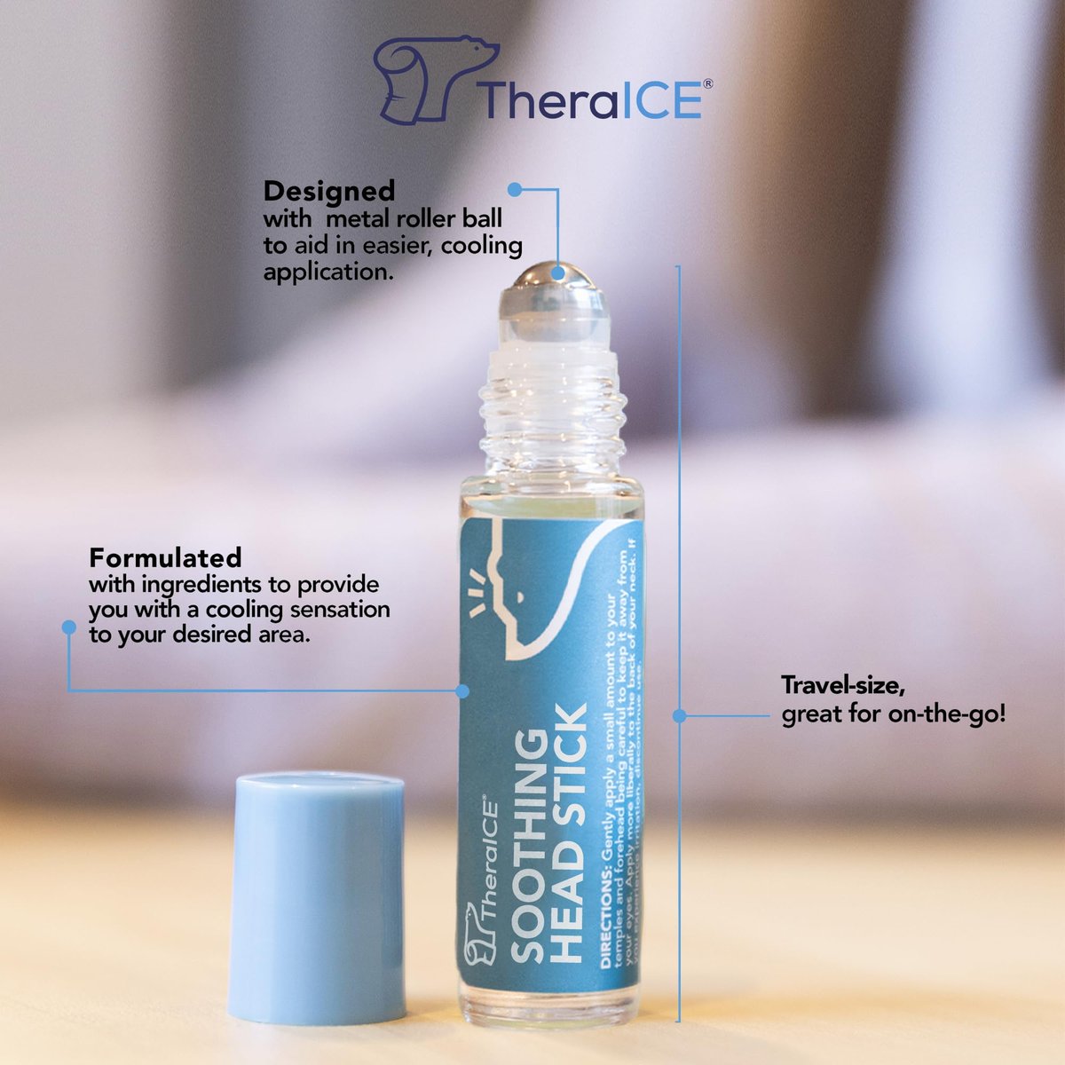 TheraICE Beruhigender Kopf-Stick 10 ml (0,33 oz) – Ätherisches Öl Roll-on zur Aromatherapie für schnelle kühlende Entspannung: Pfefferminze, Grüne Minze, Lavendel, Kamille, Rosmarin, Eukalyptus. Metallroller. Hergestellt in den USA