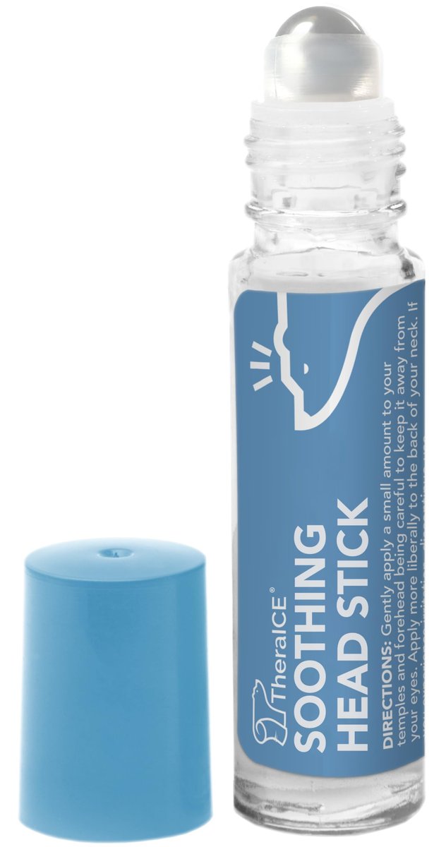 TheraICE Beruhigender Kopf-Stick 10 ml (0,33 oz) – Ätherisches Öl Roll-on zur Aromatherapie für schnelle kühlende Entspannung: Pfefferminze, Grüne Minze, Lavendel, Kamille, Rosmarin, Eukalyptus. Metallroller. Hergestellt in den USA