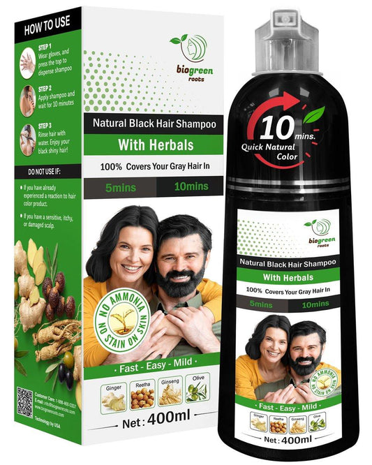 BIOGREEN ROOTS Kräuter-Haar-Shampoo ohne Ammoniak & Parabene – Natürliche Haarfarbe & Pflege für Frauen & Männer – Keine Flecken auf der Haut – Natur Schwarz (400 ml)