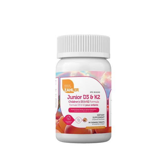 Zahler Junior D3 & K2 – Knochenaufbau & Immununterstützung für Kinder – Vitamin D3 & Vitamin K2 für Knochendichte & Kalziumaufnahme – Nicht-GVO & glutenfrei – Pfirsich-Aprikose, 90 Kautabletten