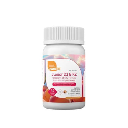 Zahler Junior D3 & K2 – Knochenaufbau & Immununterstützung für Kinder – Vitamin D3 & Vitamin K2 für Knochendichte & Kalziumaufnahme – Nicht-GVO & glutenfrei – Pfirsich-Aprikose, 90 Kautabletten