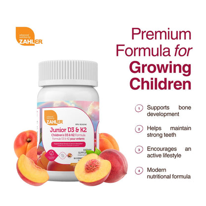 Zahler Junior D3 & K2 – Knochenaufbau & Immununterstützung für Kinder – Vitamin D3 & Vitamin K2 für Knochendichte & Kalziumaufnahme – Nicht-GVO & glutenfrei – Pfirsich-Aprikose, 90 Kautabletten