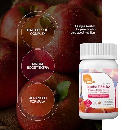 Zahler Junior D3 & K2 – Knochenaufbau & Immununterstützung für Kinder – Vitamin D3 & Vitamin K2 für Knochendichte & Kalziumaufnahme – Nicht-GVO & glutenfrei – Pfirsich-Aprikose, 90 Kautabletten