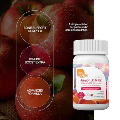 Zahler Junior D3 & K2 – Knochenaufbau & Immununterstützung für Kinder – Vitamin D3 & Vitamin K2 für Knochendichte & Kalziumaufnahme – Nicht-GVO & glutenfrei – Pfirsich-Aprikose, 90 Kautabletten