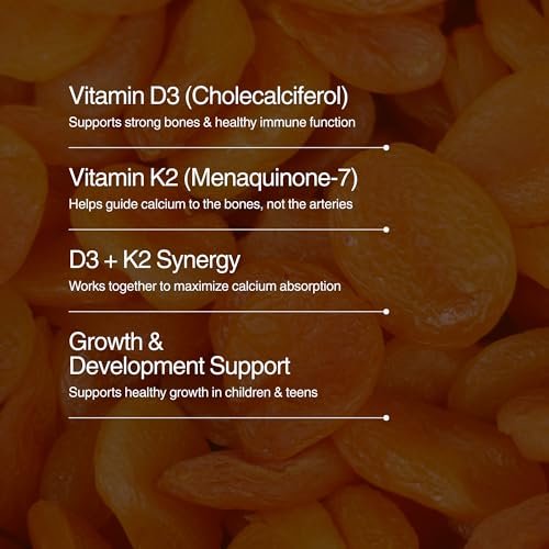 Zahler Junior D3 & K2 – Knochenaufbau & Immununterstützung für Kinder – Vitamin D3 & Vitamin K2 für Knochendichte & Kalziumaufnahme – Nicht-GVO & glutenfrei – Pfirsich-Aprikose, 90 Kautabletten