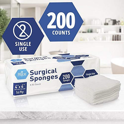 MED PRIDE All Cotton Non-Stick Wundauflagen 4x4 Zoll 200er Pack – Premium Qualität Chirurgische Schwämme, 16-lagig, nicht steril – Verbandsmaterial für Erste Hilfe
