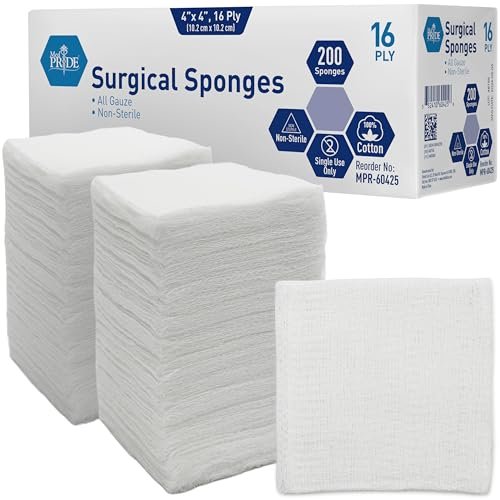 MED PRIDE All Cotton Non-Stick Wundauflagen 4x4 Zoll 200er Pack – Premium Qualität Chirurgische Schwämme, 16-lagig, nicht steril – Verbandsmaterial für Erste Hilfe