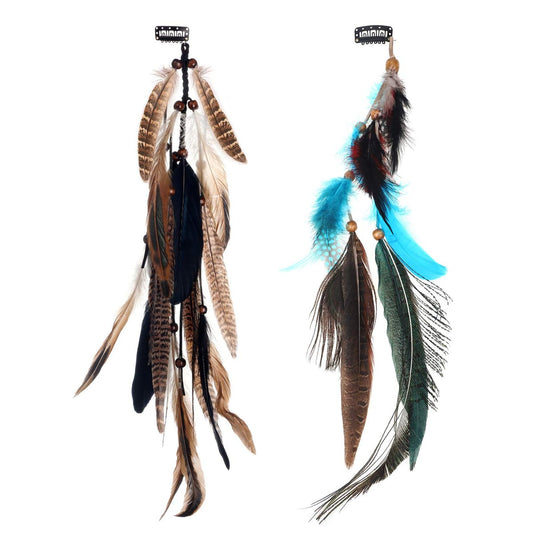 MWOOT 2 Stück Feder Haar Clip Verlängerungen für Frauen Halloween Cosplay Karneval Party Kopfschmuck, Handgefertigte Bohemian Hippie Haar Clip Kamm, Gemischte Pfau Fasanenfeder Clips Schwarz Braun Grün
