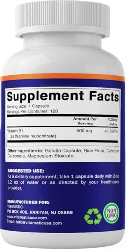 Vitamatic Vitamin B1 (Thiamin) 500 mg, 120 Kapseln – Hochdosiertes Nahrungsergänzungsmittel