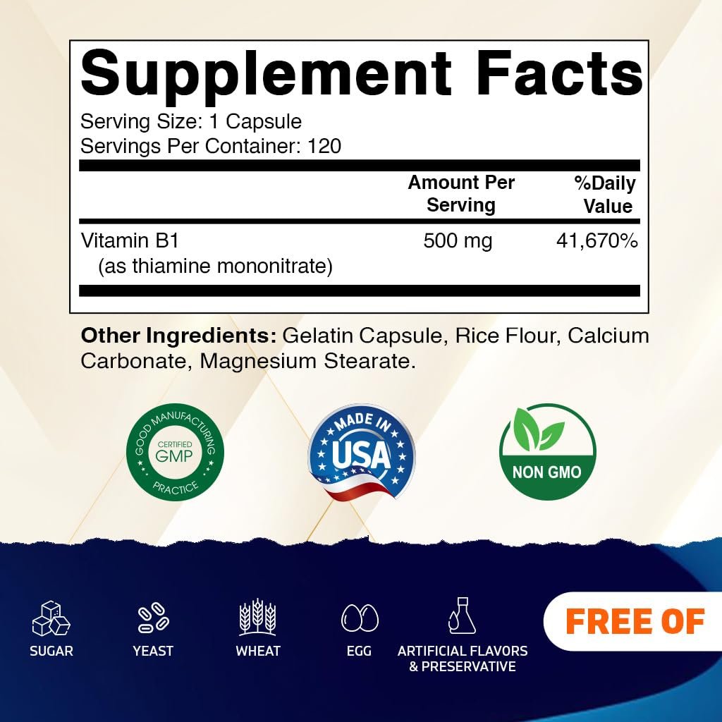 Vitamatic Vitamin B1 (Thiamin) 500 mg, 120 Kapseln – Hochdosiertes Nahrungsergänzungsmittel