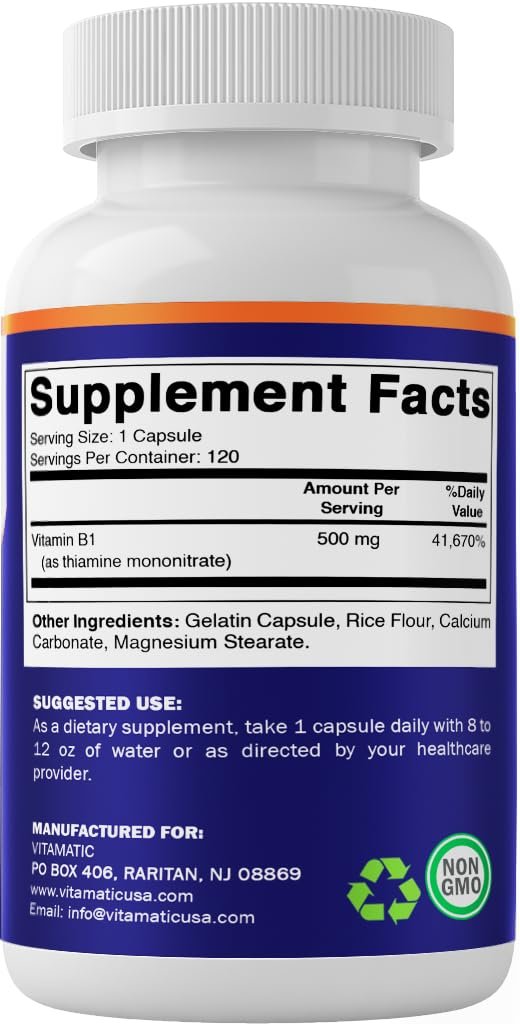 Vitamatic Vitamin B1 (Thiamin) 500 mg, 120 Kapseln – Hochdosiertes Nahrungsergänzungsmittel