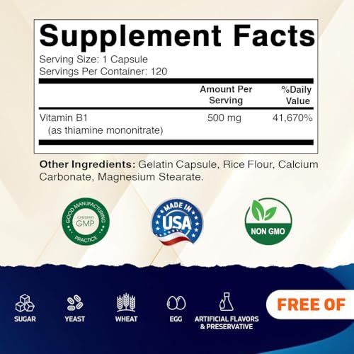 Vitamatic Vitamin B1 (Thiamin) 500 mg, 120 Kapseln – Hochdosiertes Nahrungsergänzungsmittel