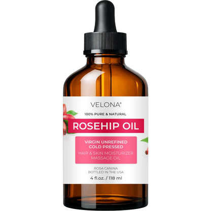 Velona Rosenkernöl - 118 ml | 100% reines und natürliches Trägeröl | Unraffiniert, kaltgepresst, hexanfrei | Feuchtigkeitsspendend für Gesicht, Haare, Körper, Hautpflege, Dehnungsstreifen, Narben