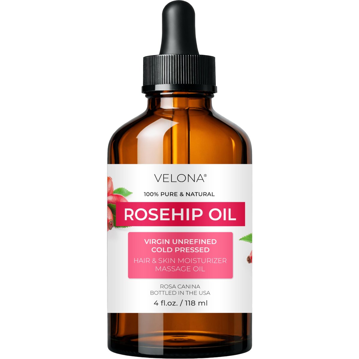 Velona Rosenkernöl - 118 ml | 100% reines und natürliches Trägeröl | Unraffiniert, kaltgepresst, hexanfrei | Feuchtigkeitsspendend für Gesicht, Haare, Körper, Hautpflege, Dehnungsstreifen, Narben