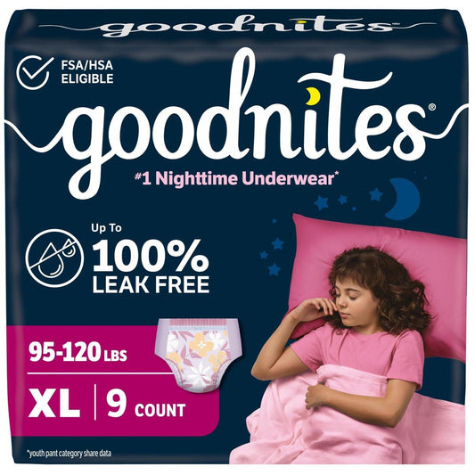 Goodnites Mädchen Nachtwindeln, Größe Extra Large (95-120 lbs), 9 Stück