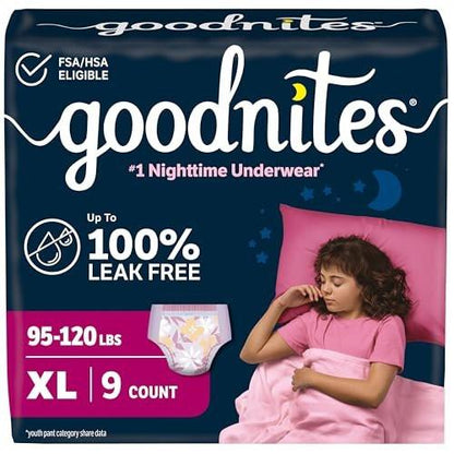 Goodnites Mädchen Nachtwindeln, Größe Extra Large (95-120 lbs), 9 Stück
