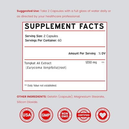 Tongkat Ali für Männer (Longjack) Eurycoma Longifolia Extrakt 1200 mg pro Portion, 120 Kapseln - Longjack Tongkat Ali für Männergesundheit & Vitalität - Drittanbieter getestet, hergestellt in den USA & Non-GMO