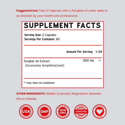 Tongkat Ali für Männer (Longjack) Eurycoma Longifolia Extrakt 1200 mg pro Portion, 120 Kapseln - Longjack Tongkat Ali für Männergesundheit & Vitalität - Drittanbieter getestet, hergestellt in den USA & Non-GMO
