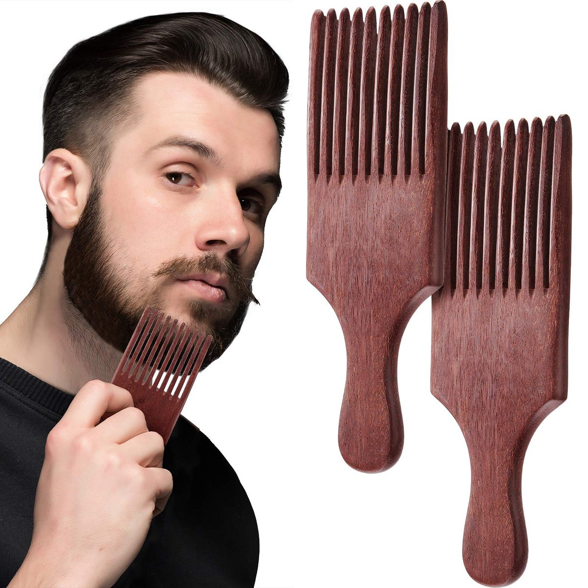 Patelai 2er-Pack Holz-Bartkamm, Afrokamm, langer Zahn-Entwirrkamm für Männer und Frauen, rötlich-braun